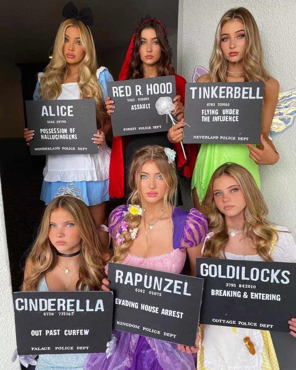 #1 Alice, #2 Red R. Hood, #3 Tinkerbell, #4 Cinderella, #5 Rapunzel, #6 Goldilocks.