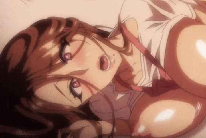 Color 1girl ahegao apron_between_breasts blush bouncing_breasts breasts_out brown_eyes brown_hair close-up hair_between_eyes heart-shaped_pupils large_breasts lower_teeth_only lying mature_female/milf mole_under_mouth on_side open_mouth pink_apron red_ap