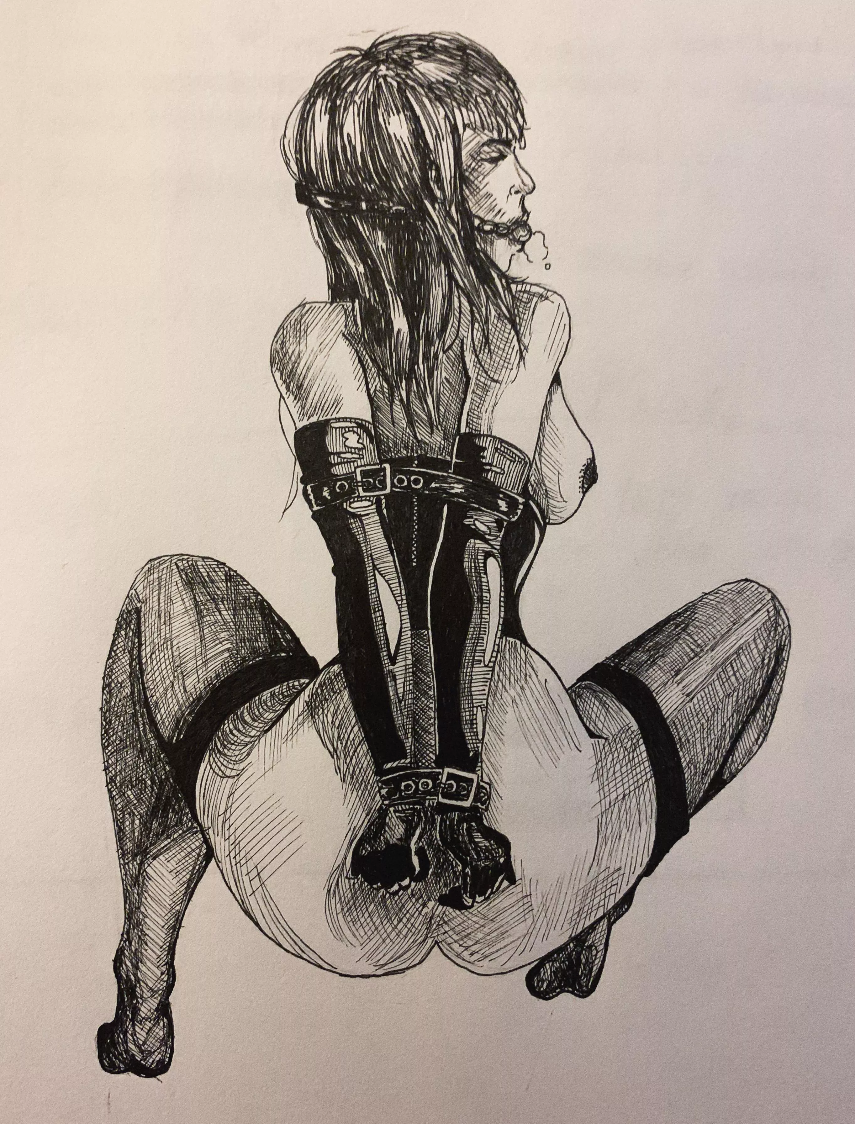 An ink drawing using @strawberryyballs digital art as reference. This subreddit is my art practice for tonight 🥰