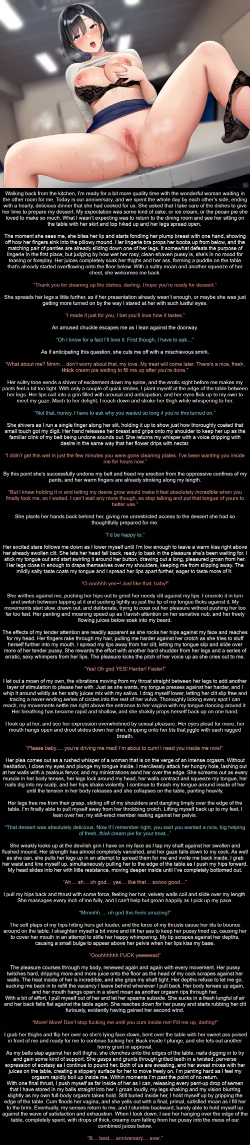 An After Dinner Treat, longer version. [2000 words] [Implied married couple] [Wholesome] [Anniversary] [Cunnilingus] [Table top sex] [Doggystyle] [Creampie]