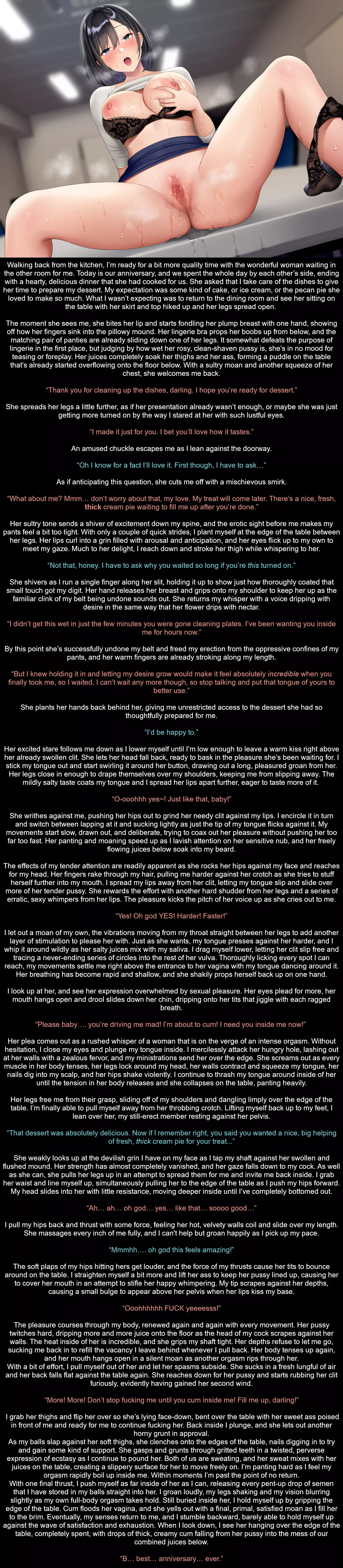 An After Dinner Treat, longer version. [2000 words] [Implied married couple] [Wholesome] [Anniversary] [Cunnilingus] [Table top sex] [Doggystyle] [Creampie]