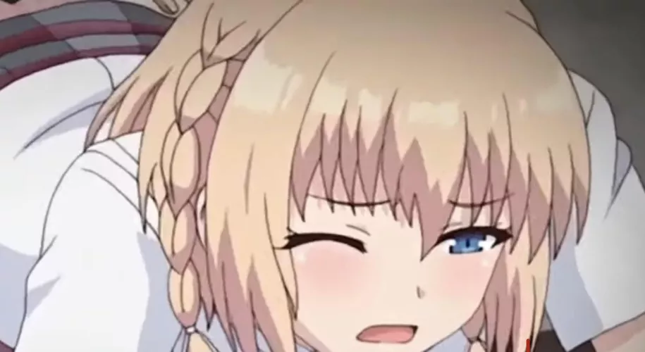 color: blonde hair, blue eyes, mouth open, one eye closed, black eyebrows, blush, short hair, short sleeves, white shirt, plaid skirt