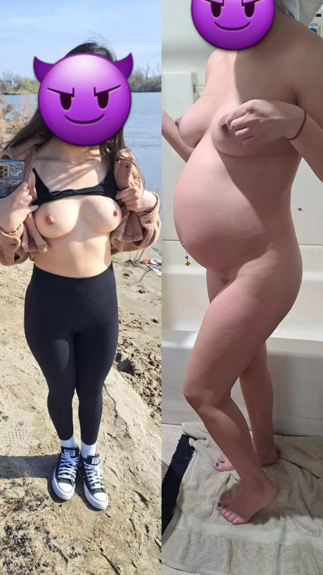 First pic she was so getting fucked by others when she was not pregnant yet. Second pic shows wife 7 1/2 months pregnant. I can not wait for her to continue her hotwife journey. We SMH know who the dad is she got ducked by both the bull and i that day