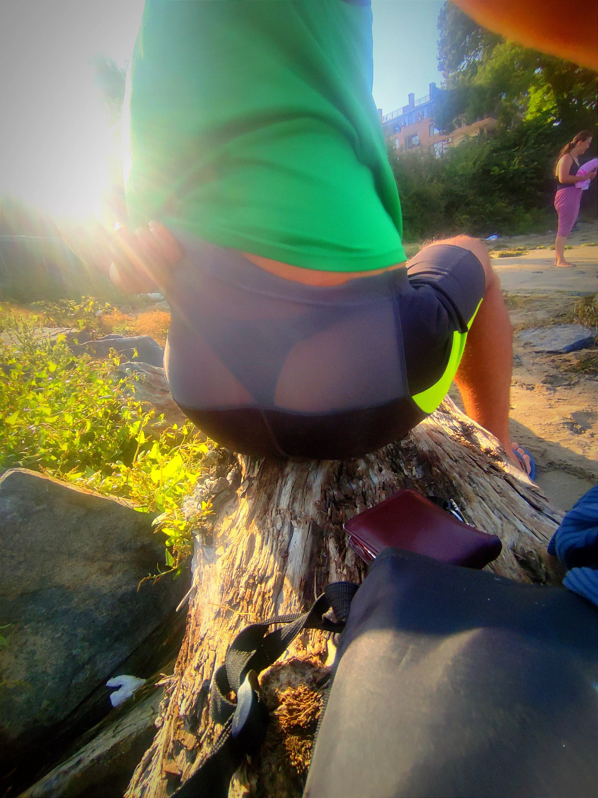 Public on the beach leggings and see through