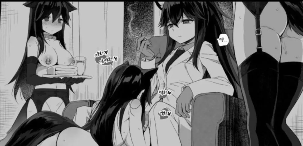 LF Mono Source: 4girls, 1futa, black hair, animal ears, suit, nipple piercing, blowjob, couch, harem, cigarette