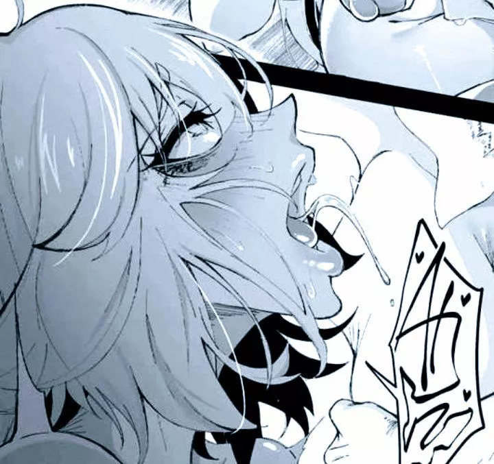 Mono 1girl, 1other, ahegao, ahoge, close-up, drool, face, flinch, from side, furrowed brow, hair between eyes, looking up, nipple, nose blush, open mouth, rolling eyes, saliva, short hair, spoken heart, spoken squiggle, sweat, thick eyelashes, thigh grab