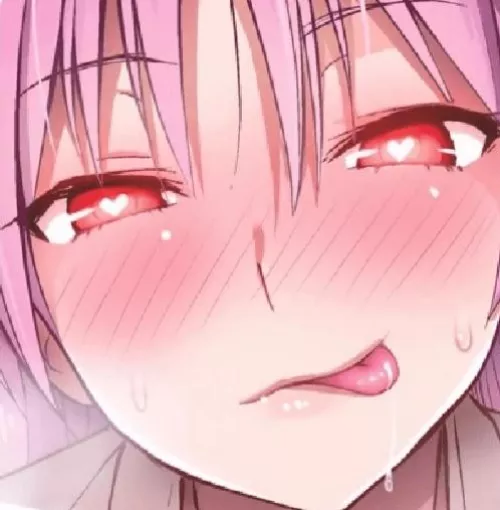 LF Color Source: licking lips, pink hair, heart shaped pupils, saliva, sweat, looking at viewer, red eyes?