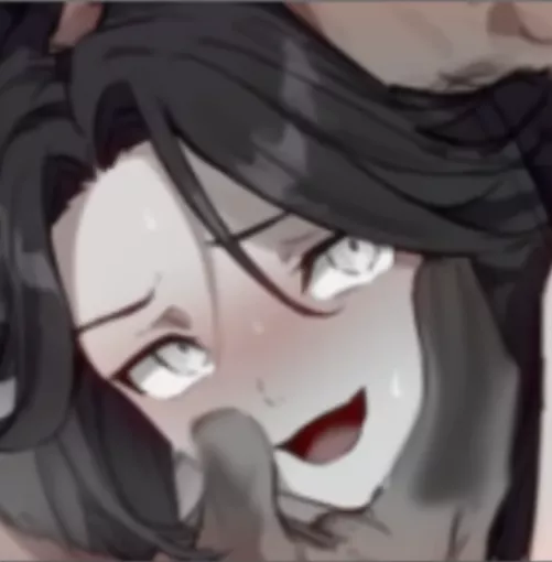 LF Color Source White Eyes, Blushing, Open Mouth, Black Hair, Hand Caressing Face, Sweating,