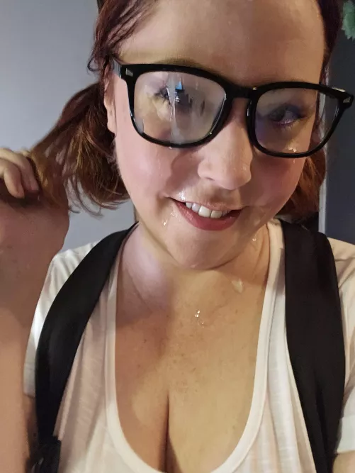 Nerd girl got covered in cum.. thankfully the glasses protected my eyes!