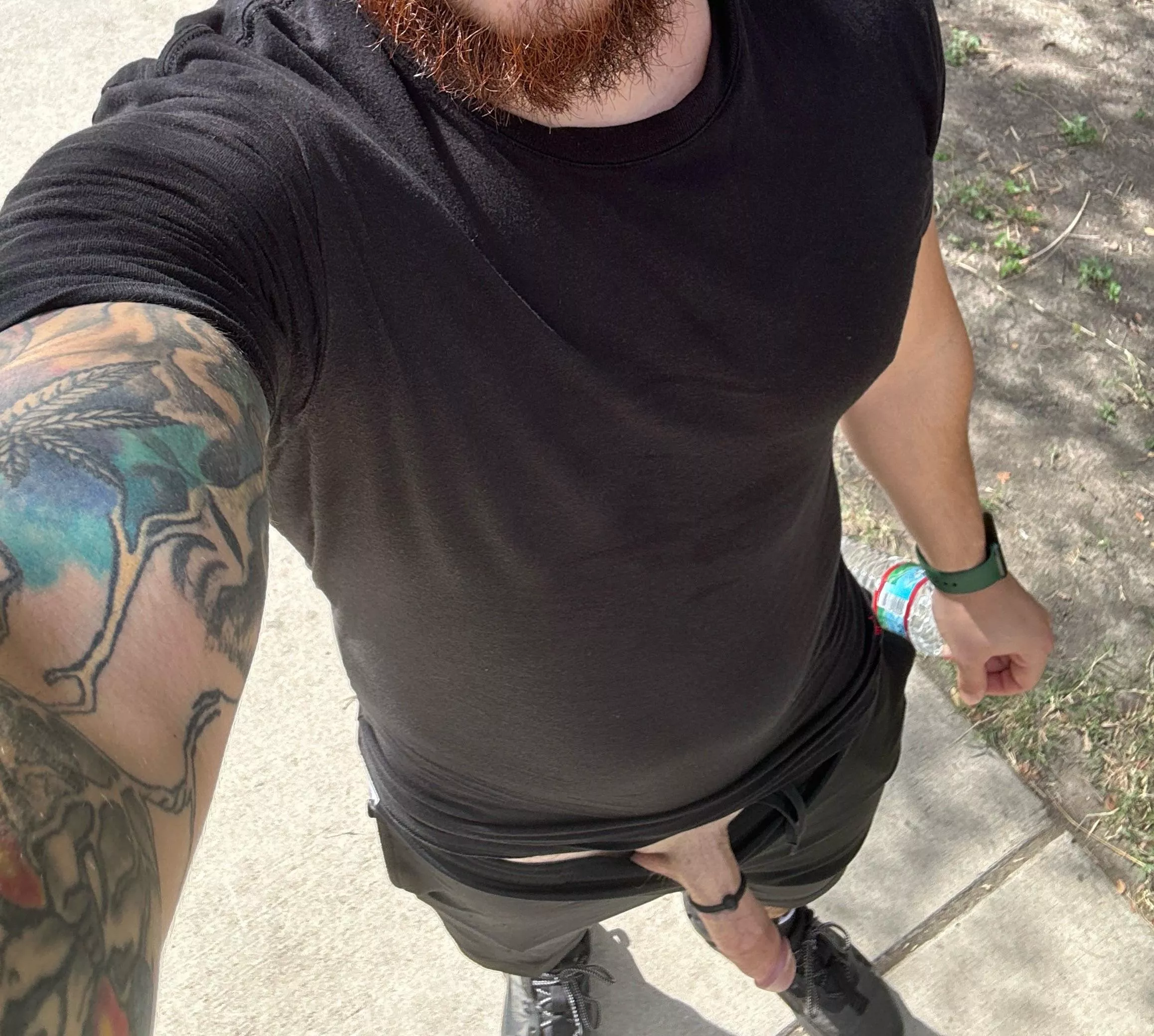 Walking the trail with cock out