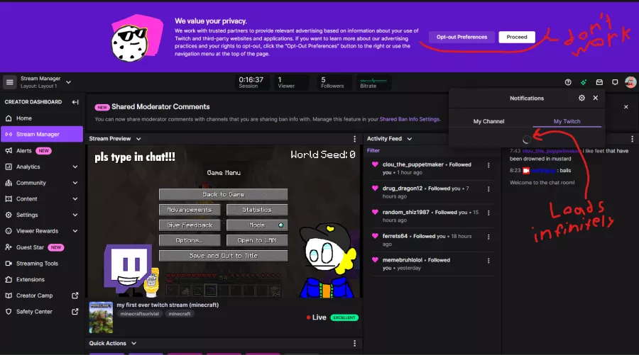How do i make the privacy pop-up go away, + other issues such as being unable to change channel theme color etc.
