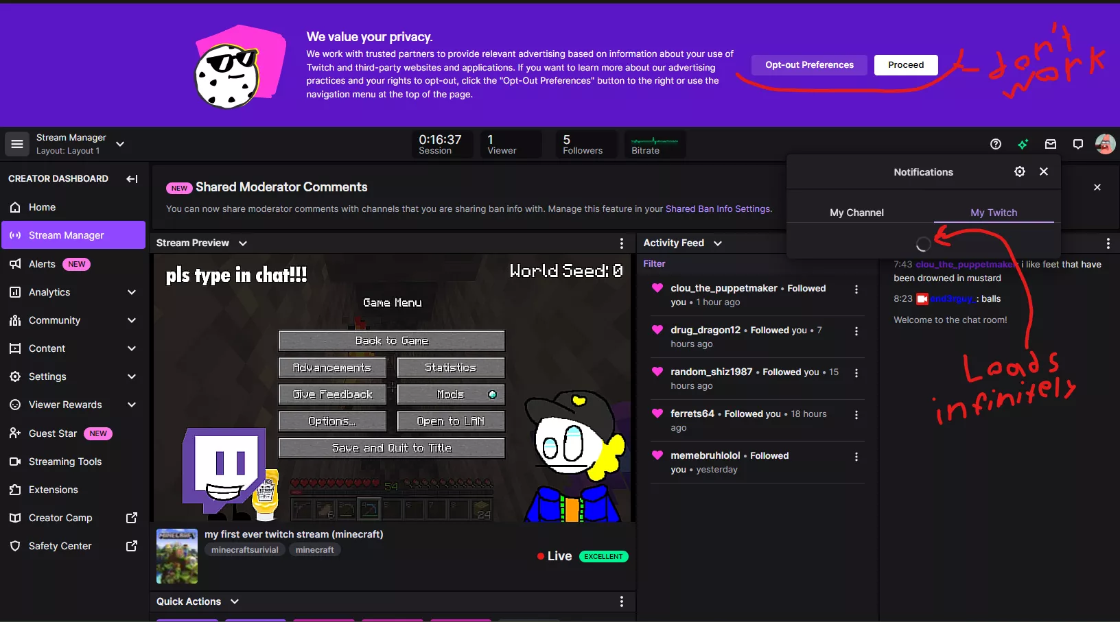 How do i make the privacy pop-up go away, + other issues such as being unable to change channel theme color etc.