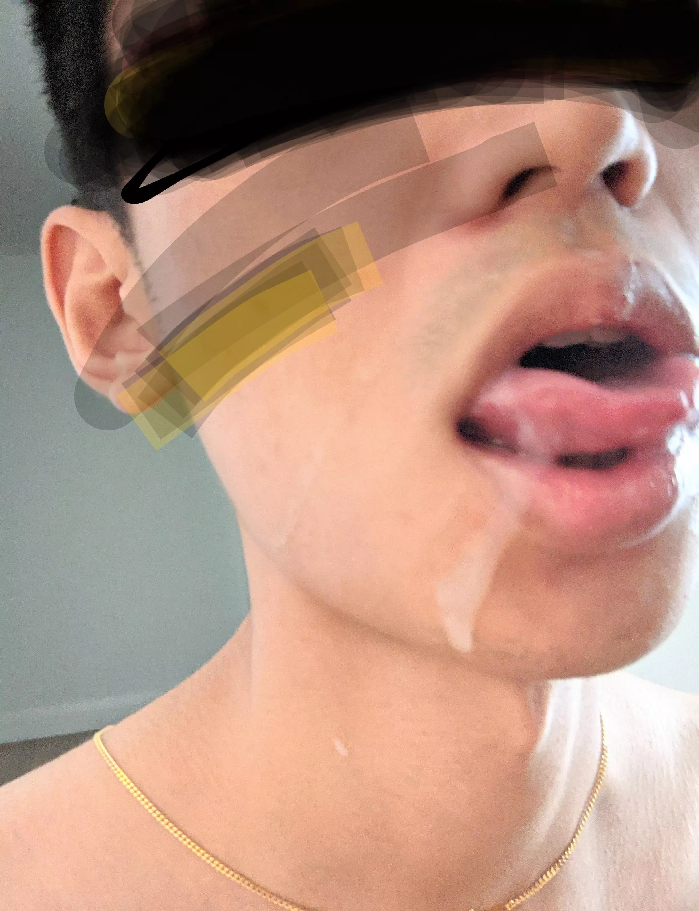 White military cum hanging on my tongue