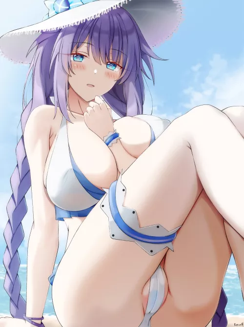 Purple Heart is Shy to Show Off her New Swimsuit at the Beach [Hyperdimension Neptunia] (KeenH)