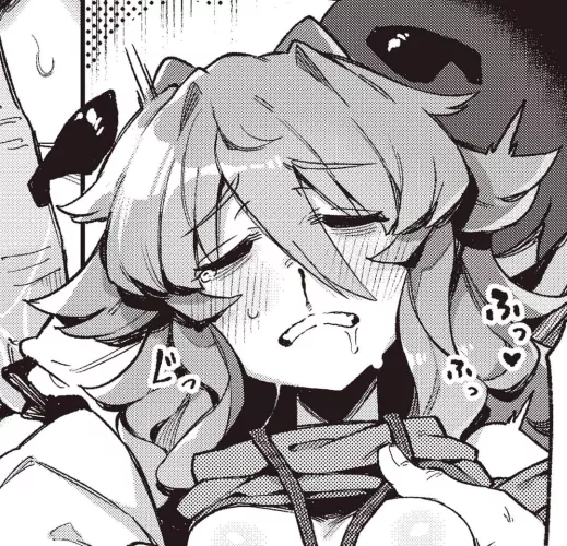 LF Mono Source: 1girl, 1other, blood, blush, breast grab, clenched teeth, close-up, closed eyes, drooling, eyebrows visible through hair, face, frown, furrowed brow, grabbing another's breasts, grabbing from behind, groping, horns, light hair, long hair