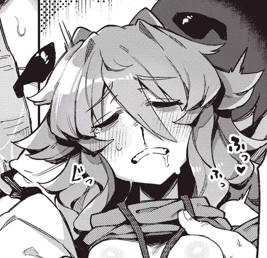 LF Mono Source: 1girl, 1other, blood, blush, breast grab, clenched teeth, close-up, closed eyes, drooling, eyebrows visible through hair, face, frown, furrowed brow, grabbing another's breasts, grabbing from behind, groping, horns, light hair, long hair