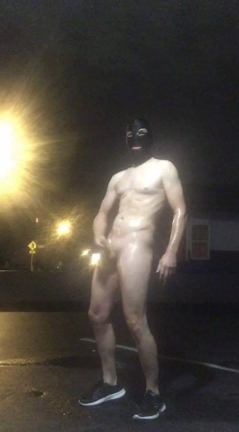 Oiled up slut in public