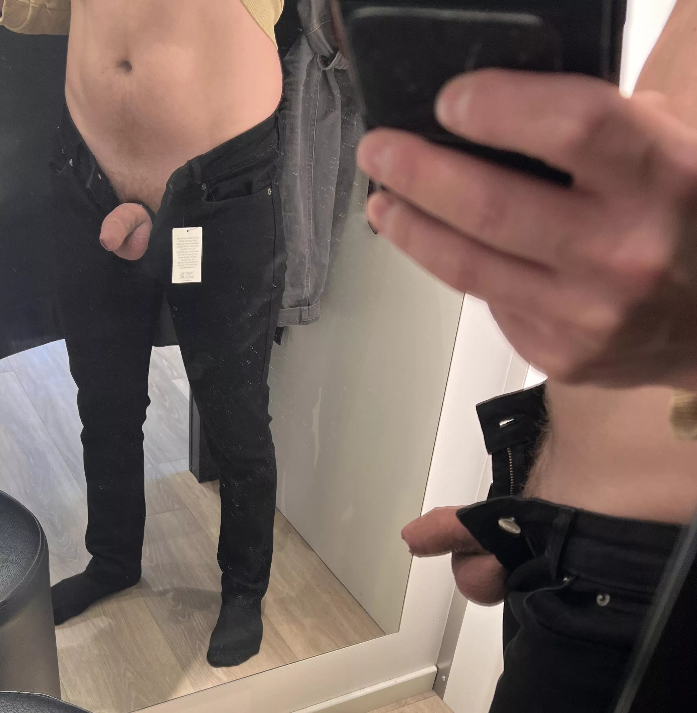 Commando with a cock ring shopping for pants!