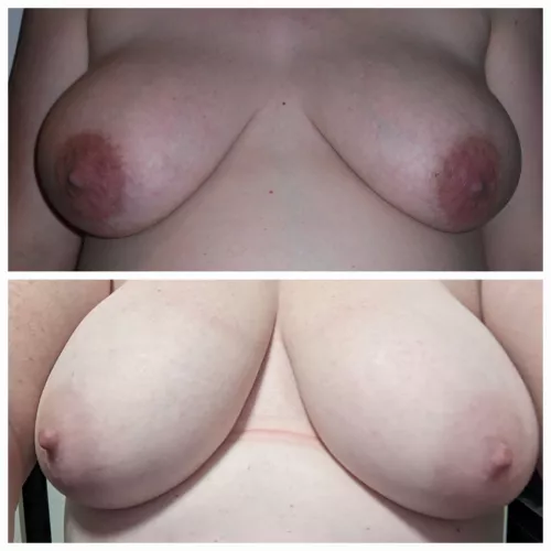 Friend and I - she's the top, very pregnant and my mummy boobs after 2 kids on the bottom! Who's would you like to play with first?