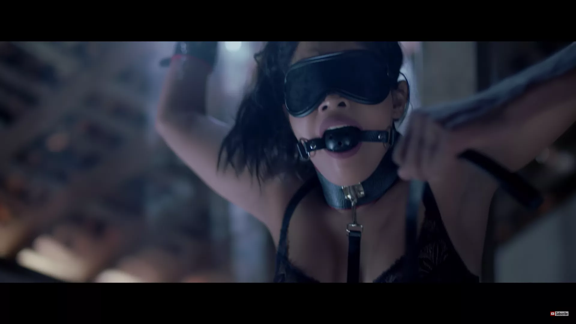 Blindfolded, gagged, collared, Hanged from the ceiling and whipped what else would you want in a music video