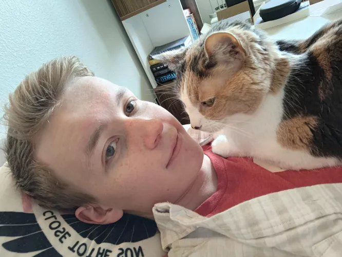 Obligatory cat pic because this is how I usually am at home