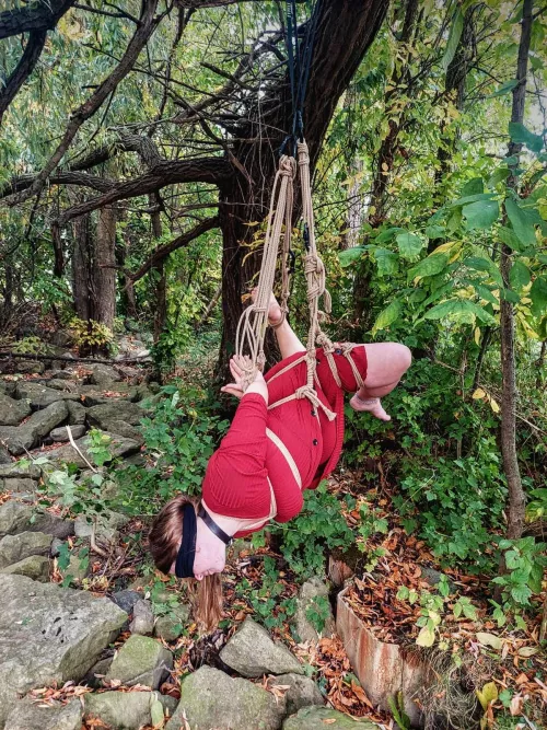 Suspended above rocks