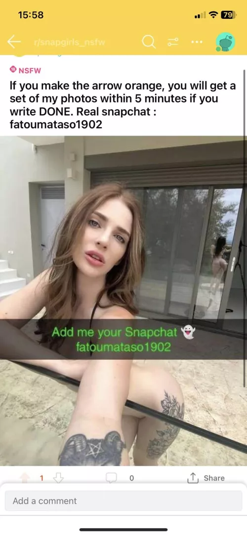 “Wife” lf you make the arrow orange, you will get a set of my photos within 5 minutes if you write DONE. Real snapchat : fatoumataso1902