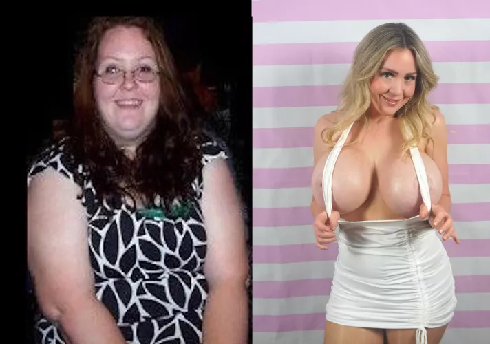My bimbofication progress - Left, obese & self conscious young woman - right, sexy bimbo MILF making dicks hard on cam and going in for her 5th boob job in Feb.