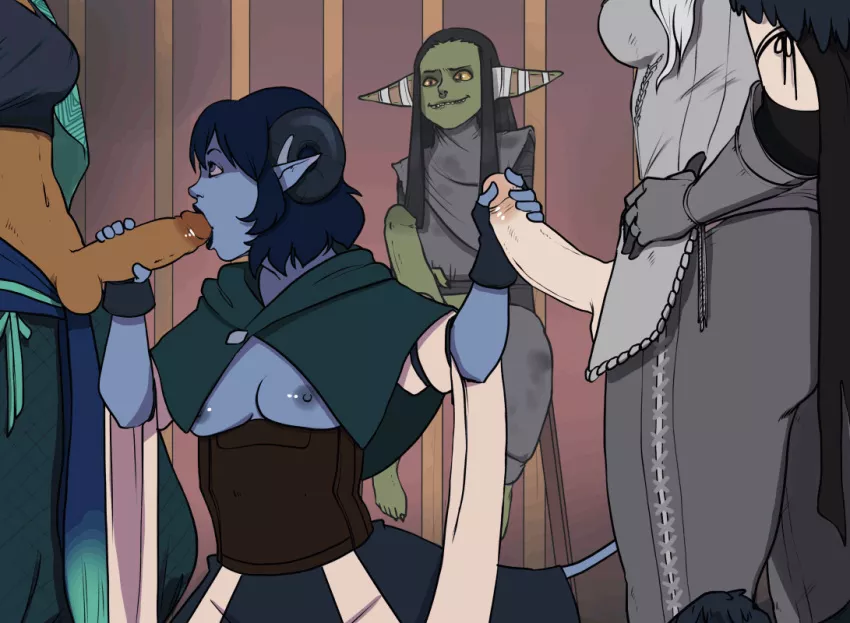 [F4A] During one of the adventures of The Mighty Nein, the encountered and defeated a succubus but not before getting cursed with an near crippling lust. Thankfully, Jester was unaffected and more than willing to help her friends. (zaun-derground)