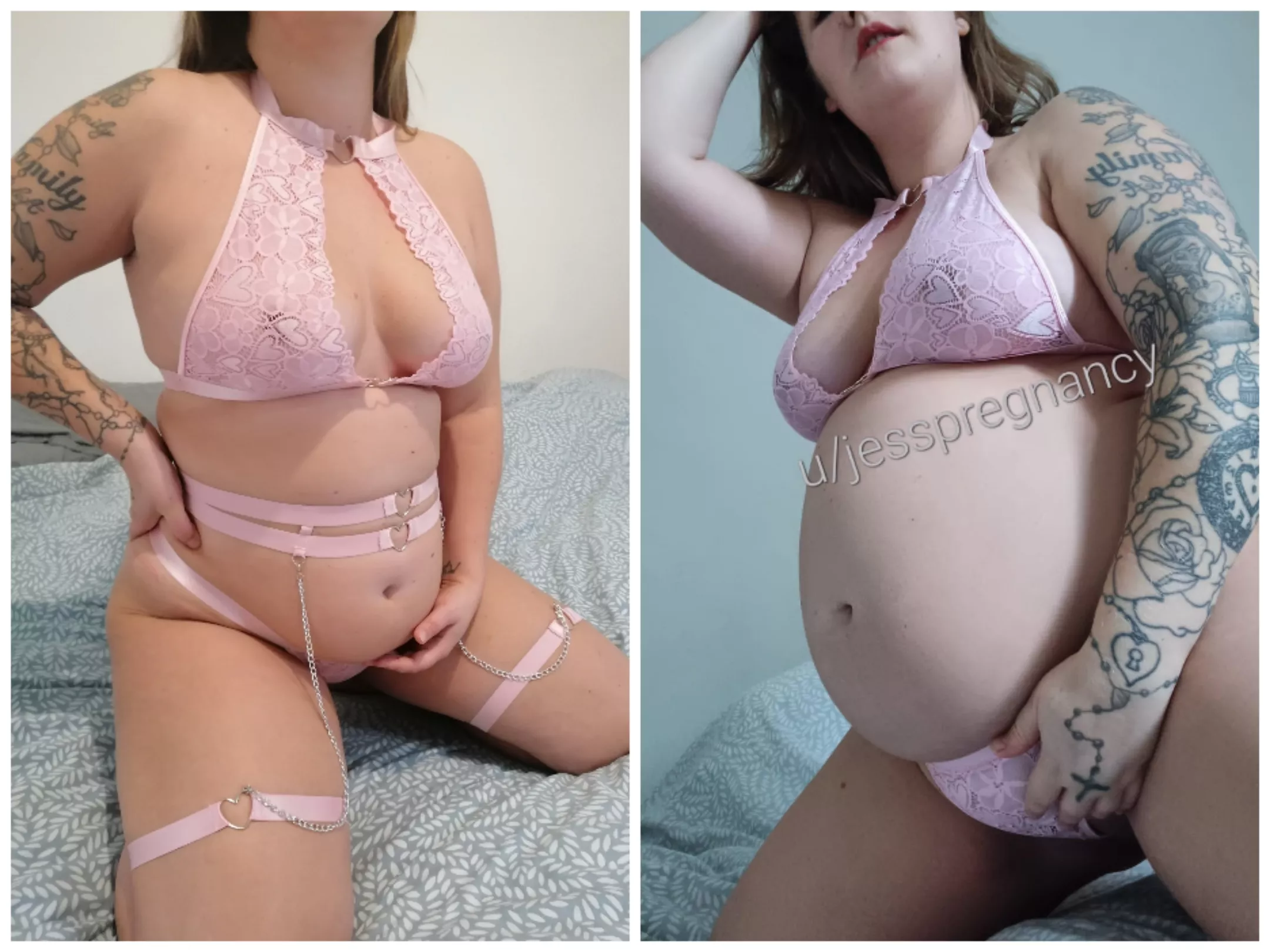 My progress from 13 weeks pregnant to currently 21 weeks! Part of the lingerie doesn't fit now 🙈 I hope you like the change to my body ❤️