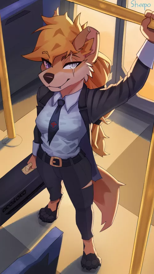 Security staff on her way to work (art by me)