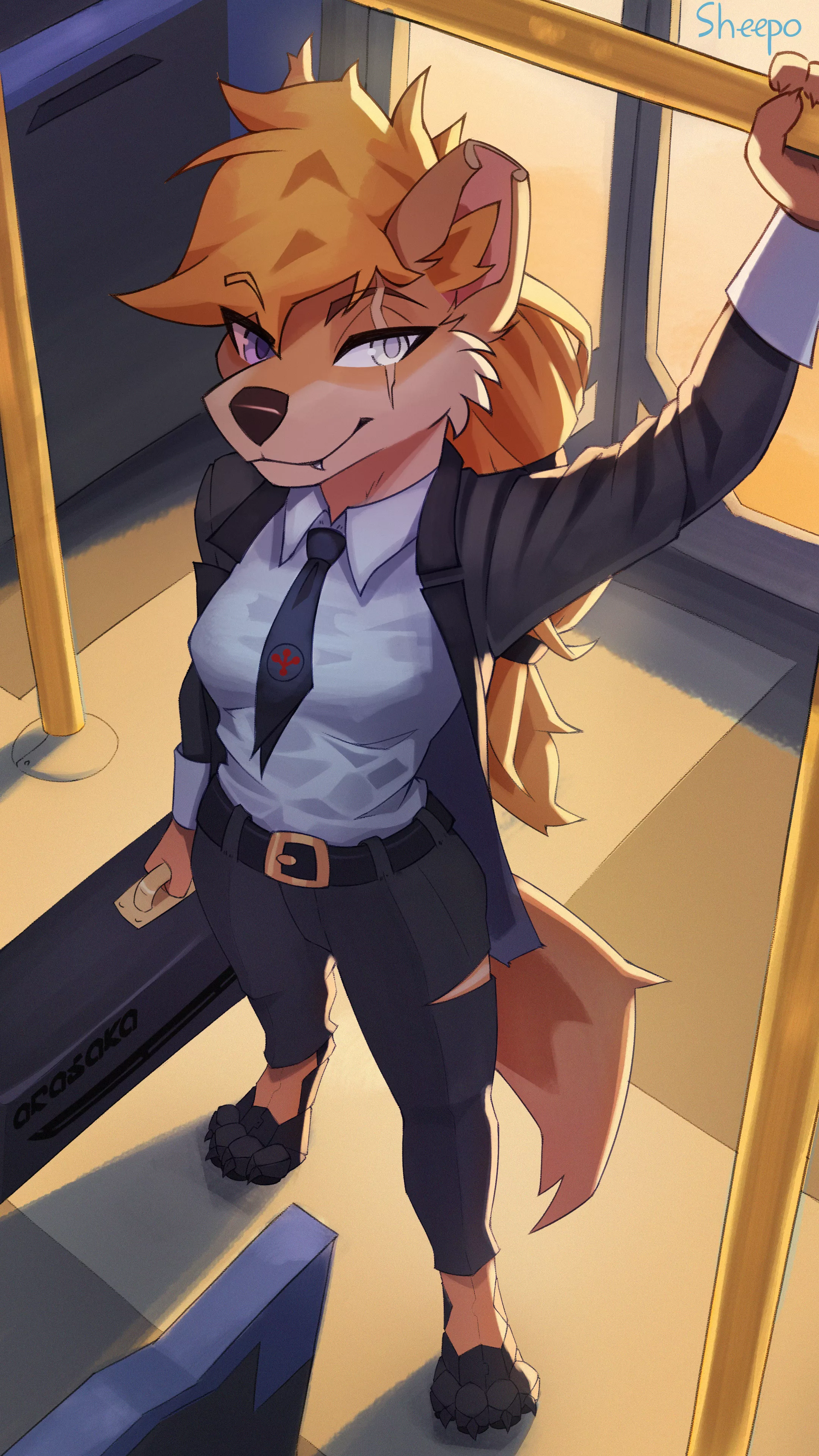 Security staff on her way to work (art by me)