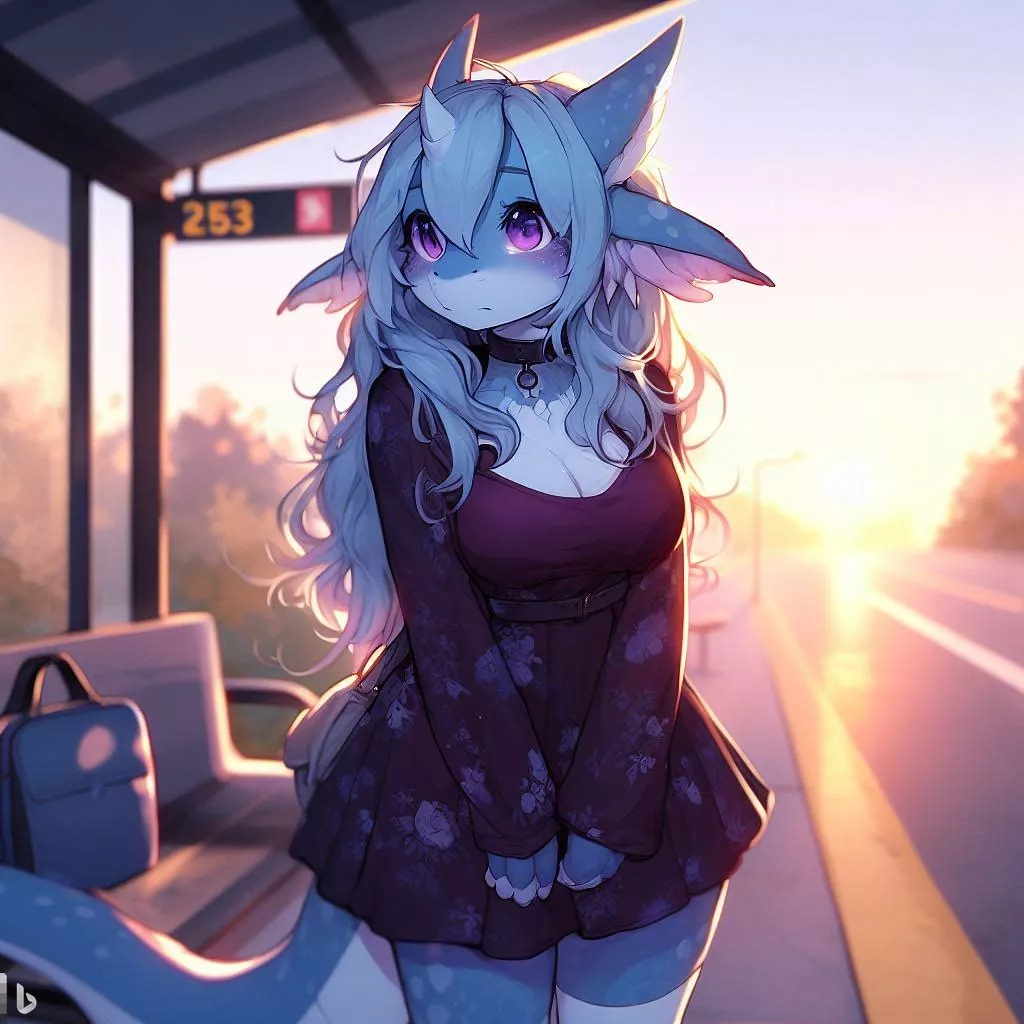 Waiting at the bus, art by @Halcy0natic