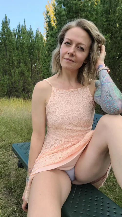 37f blonde Canadian girl enjoying fall in a sundress