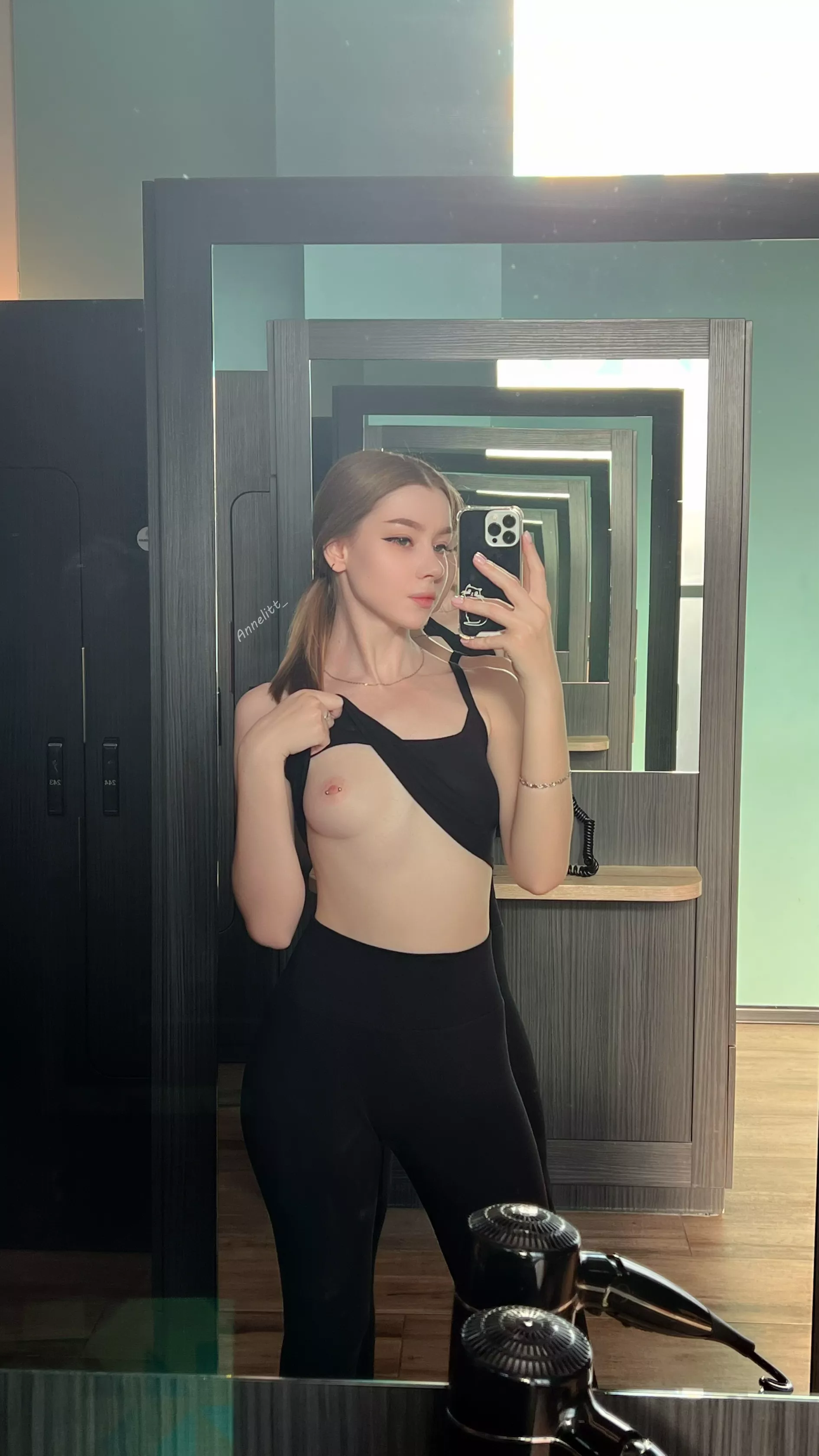 Showing my petite breasts in the general locker room