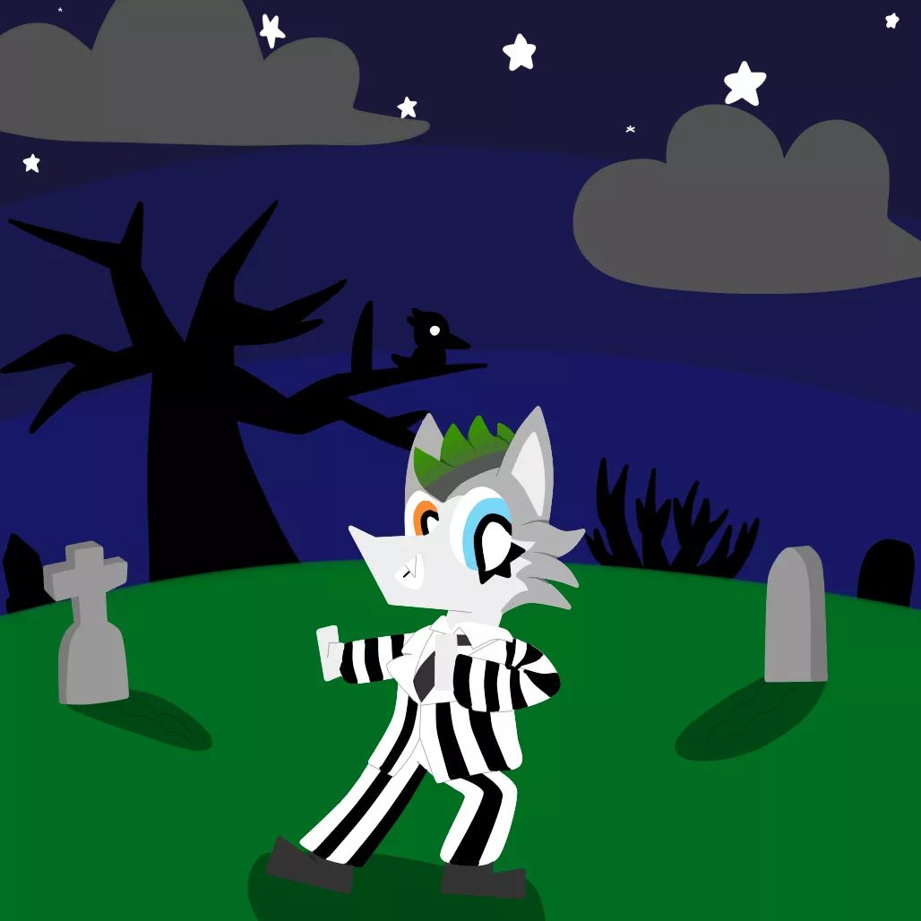 showing off his Beetlejuice costume