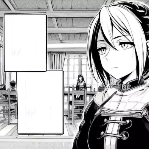 LF Mono Source, 2girls, black hair, black robe, hair between eyes, chairs, table, standing behind table, empty textbox,