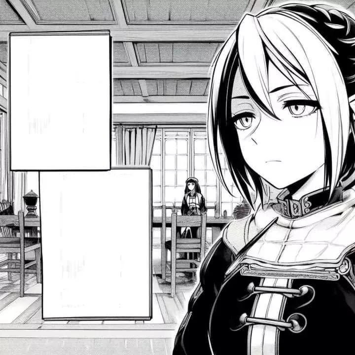 LF Mono Source, 2girls, black hair, black robe, hair between eyes, chairs, table, standing behind table, empty textbox,