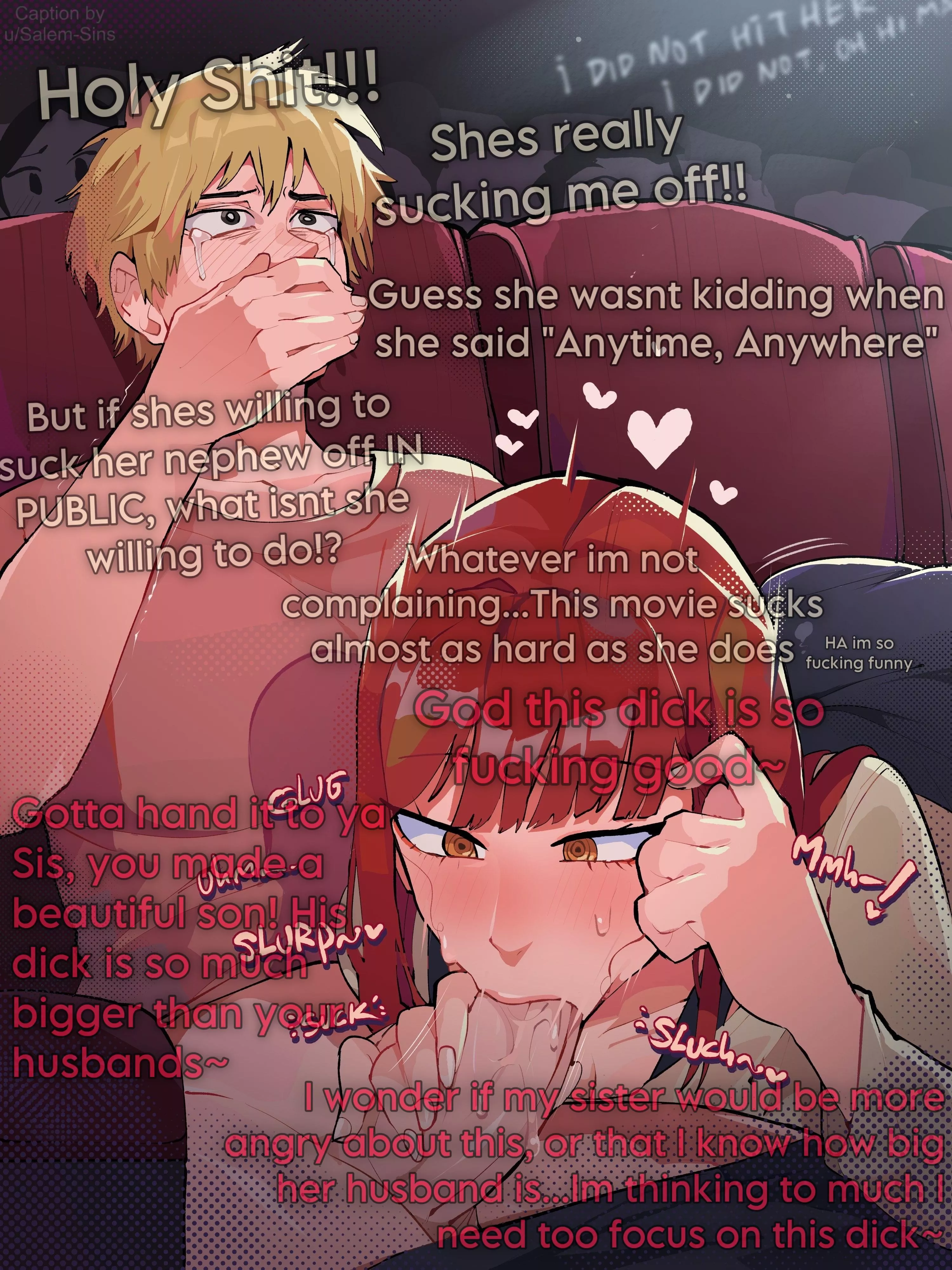 Slutty Aunt sucks her Nephew of in the theatre [F] [Incest] [Public] [Inner thoughts] (Artist: Diff)