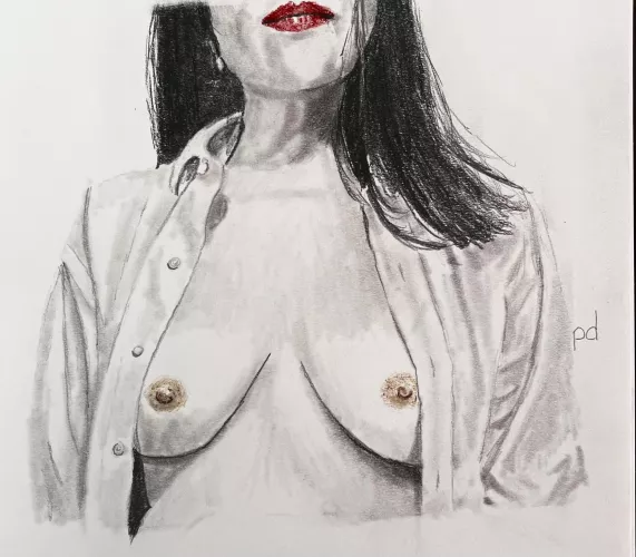 An open man’s shirt, red lips, and invitation to follow.