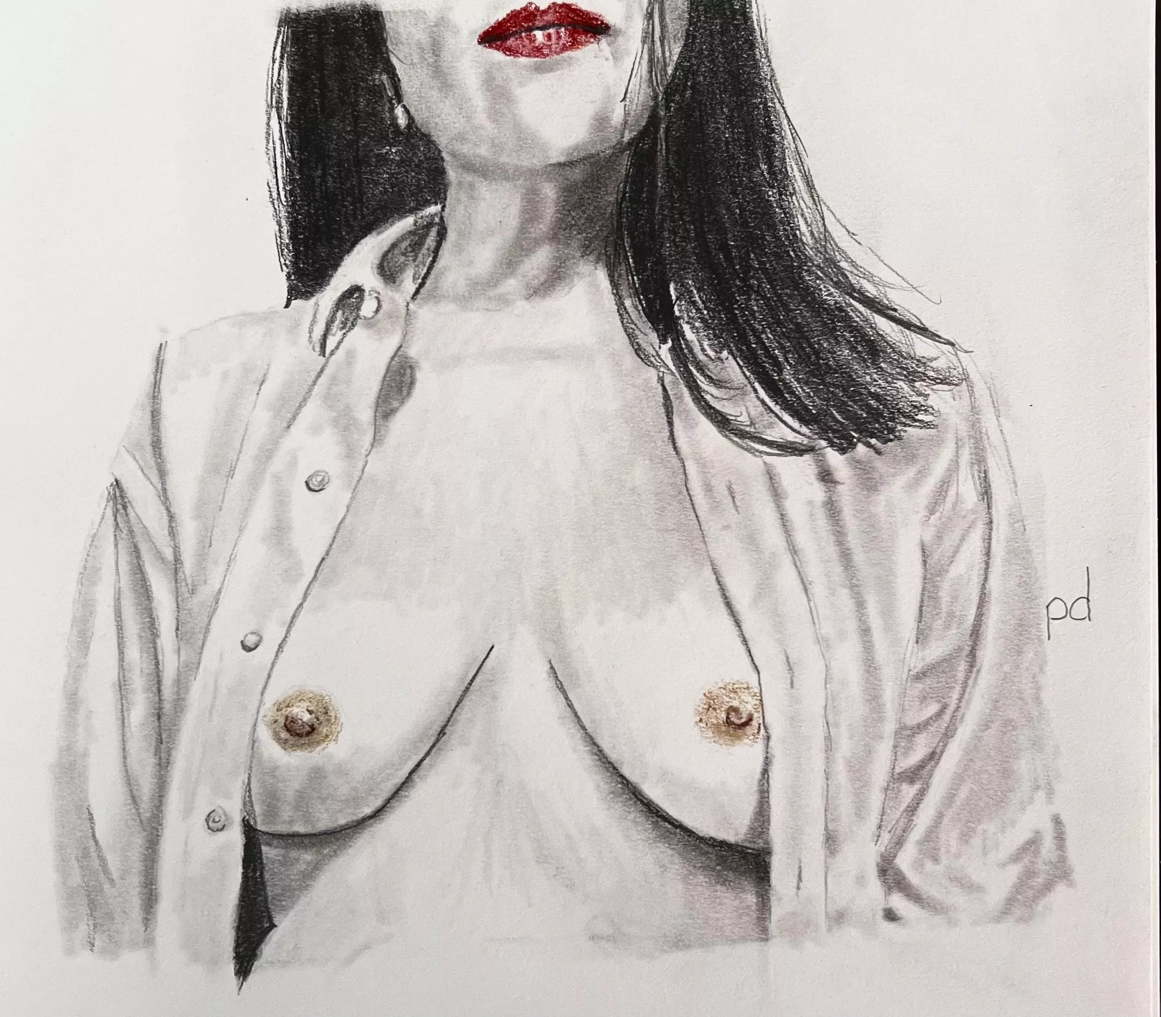 An open man’s shirt, red lips, and invitation to follow.