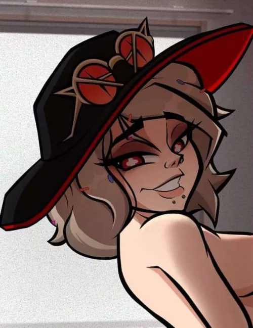 LF Color Source: 1girl, black hat, red round glasses, red plus shaped eyes, white pupils, short hair, light brown hair, dolphin bite piercing, topless, looking at viewer, smile, side view.