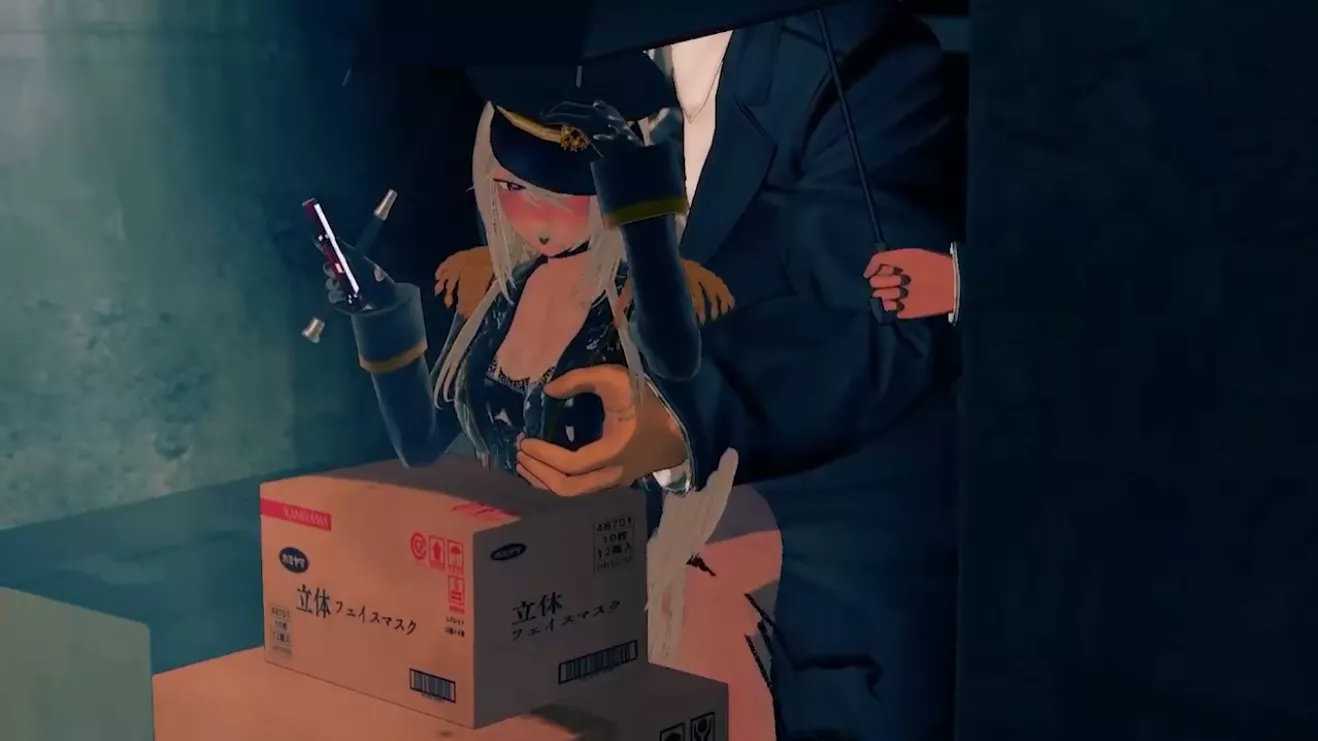 LF Color Source, 1girl, 2boys, from behind, standing, outdoors, school uniform, military uniform, Black Lobelia, My Dress-Up Darling, leaning, rain, boob grab, umbrella, back alley, boxes