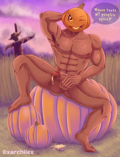 I made this sexy Jack-o-Lantern oc last Halloween to celebrate the spooky season! Does anyone want to try his special pumpkin spice? [Original] (Artist: me)