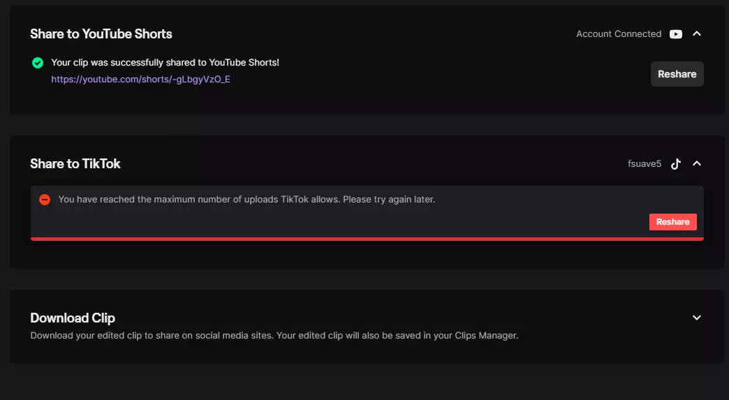 was using the new integrated editor to farm old clips for tiktok content and was met with this. i only made 5 and saved them all to the drafts instead of posting immediately. how long until i can do more? this is super inconvenient.