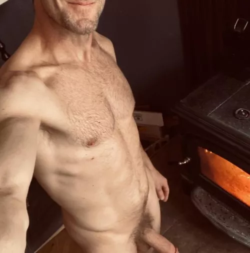 Too cold outside so nakey by the fire inside.