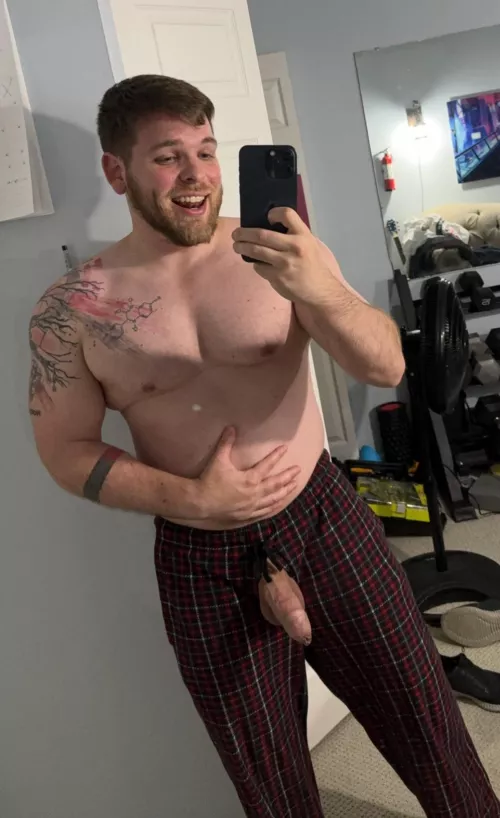 Who doesn’t like a big guy in his PJs? Especially ones where things just happen to slip out sometimes. (Soft)