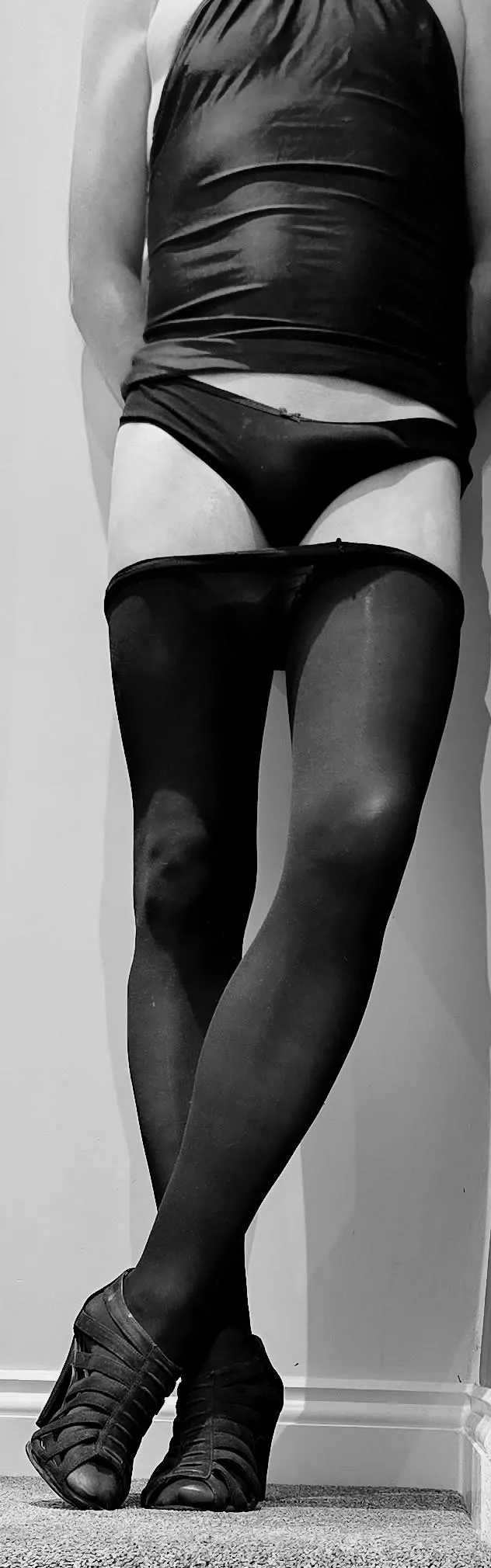 Wife out so slipped into a pair of her panties and hose