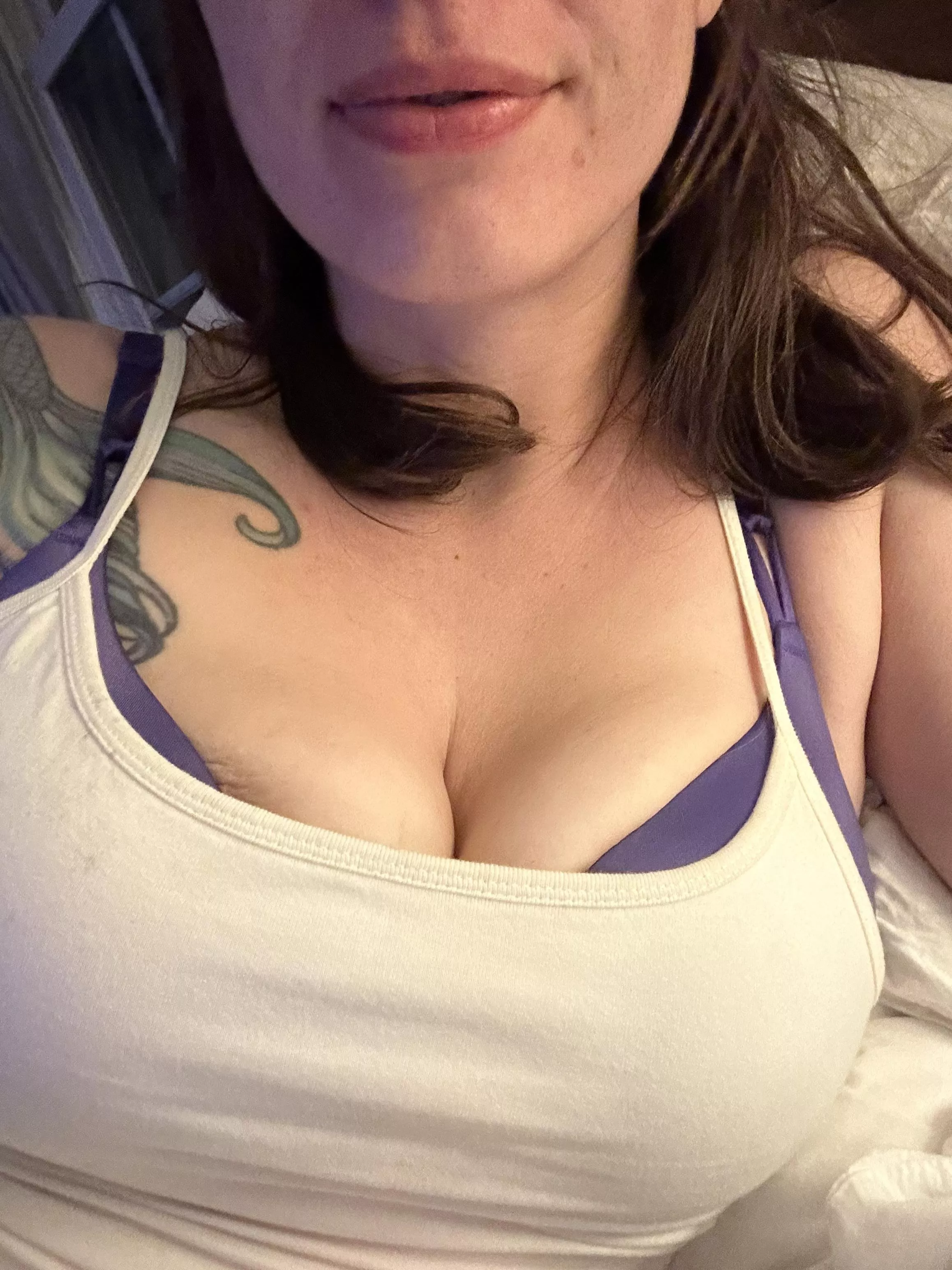 He hasn’t come to bed yet, perfect time to share my tits with you