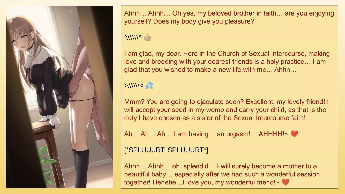 You and the sister at the local church have a fun time practicing your religion! 😳 [Wholesome] [Nun] [Unusual Church] [Doggystyle] [Creampie] [Impregnation] [The L-Word! 😍] {Artist: Inukai Mofu}